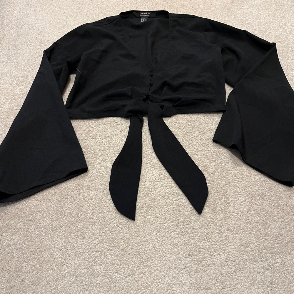 Black Tie-Front Bell Sleeve Top